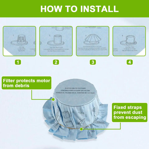 Image showing installation steps for reusable wet dry vac filter set VF2002 for most 5 gallon and larger shop vacs with dry disc filters.