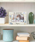 Hot Air Balloon Baby Boy Picture Frame 4x6 Inches, Solid Wood Nursery Decor Gift From Mom displayed on white shelf