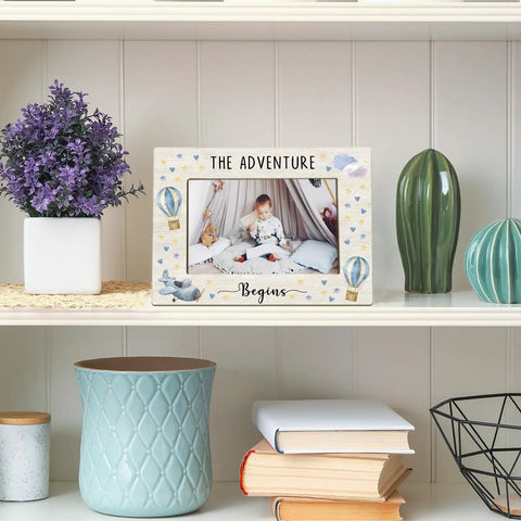 Hot Air Balloon Baby Boy Picture Frame 4x6 Inches, Solid Wood Nursery Decor Gift From Mom displayed on white shelf