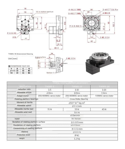Heavy Duty Hollow Rotary Actuator Serves As A Slick 360 Rotating Platform Gearbox with detailed dimensions and specifications.