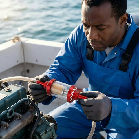 Person installing Five Sixteenth Inch Beefy Inline Gas Filter With Reusable Aluminum Body And Clear Glass For Small Engines.