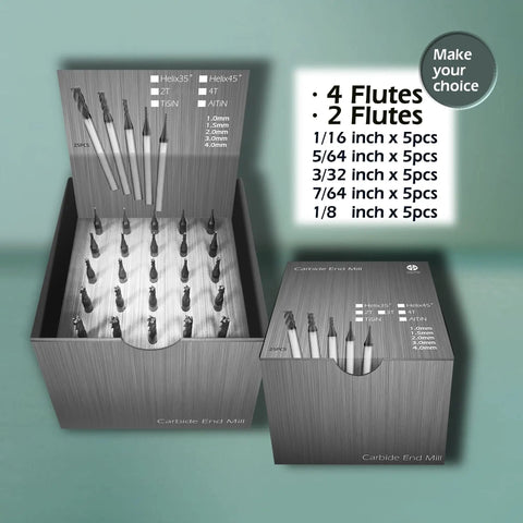 Box set of Micrograin Carbide Square End Mill Set 4 Flute Hardened Steel Ready AlTiBN Coating 25 Piece ISE Set 4T Pack displayed