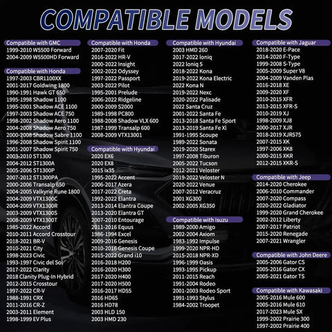 Compatibility chart for Magnetic M14 X 1.5 Oil Drain Plug Kit With Stainless Steel Pan Bolt And 2 Gaskets For Most Cars A Must Have Replacement That Replaces OEM Drain Plugs In Ford GM Hyundai Kia Honda Acura Mazda And More, listing models for GMC, Honda, Hyundai, Jaguar, Jeep, John Deere, Isuzu, Kawasaki.