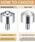 Comparison of bearing steel balls and nylon balls with load capacities, showcasing features for Elaraberry 4 Pack 1 Inch Nylon Ball Transfer Rollers Heavy Duty Casters For Carts Easy Glide Smooth Swivel Wheels High Capacity Industrial Grade Equipment Replacement.