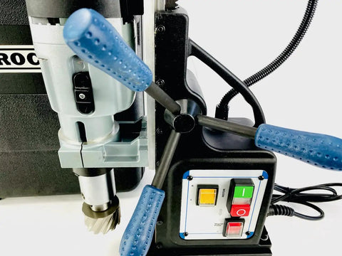 Knockout Performance Heavy Duty Magnetic Drill Press Built Like A Tank For Real Contractors With Two Speed Settings Three Inch Capacity And 1850 Watt Muscle For Any Metal Project close-up of the motor and control panel