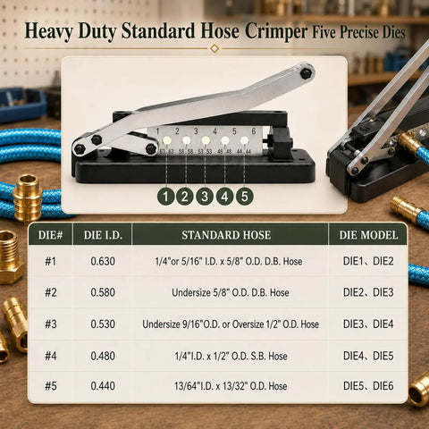 Heavy Duty Hose Crimping Tool Kit For One Quarter, Five Sixteenths And Three Eighths Inch ID Hoses With One Hundred Ferrules Including 0.593 And 0.625 Inch Dies, Bench Mounted Crimper Works As A Real Workhorse For PVC Rubber And Air Hoses.