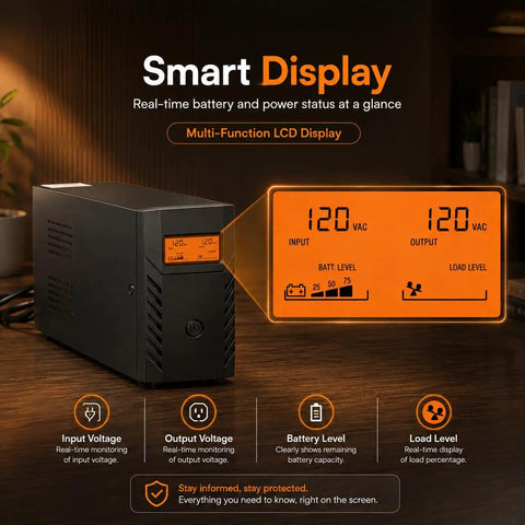 Rock Solid 1500VA 800W UPS Battery Backup And Surge Protector With Six AC Outlets And LCD Display showing smart LCD interface, input and output voltages.