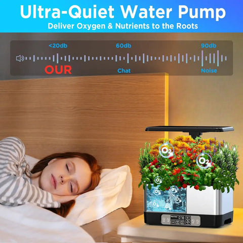 Smart WiFi Controlled Indoor Hydroponics Garden With Grow Light 8 Pod System Auto Timer Quiet Pump next to sleeping woman