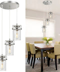 Three Light Glass Pendant Light With Brushed Nickel Finish And Clear Glass Shades Adjustable Cord Cool Farmhouse Ceiling Fixture For Kitchen Island Dining Room Bedroom And Living Room
