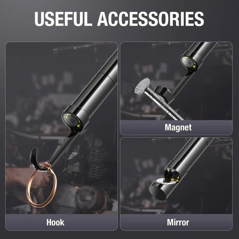 50 Foot USB C Borescope Camera With Built In Light showing accessories: hook, magnet, and mirror for inspections.