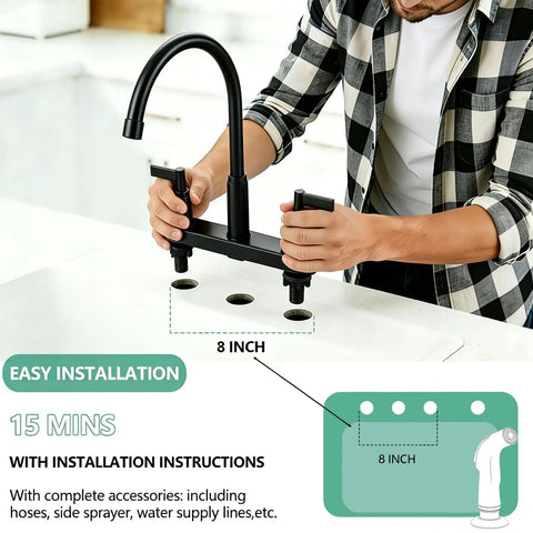Installing Two Handle Kitchen Sink Faucet With Side Sprayer And High Arc 360 Degree Swivel Dope Matte Black Stainless Steel