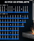 Close-up of 62 pieces S2 steel bits for Top Shelf 67 In 1 Ratcheting Screwdriver Set With Badass High Torque Drive.