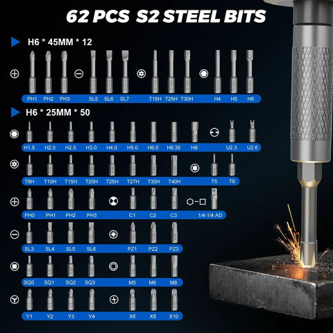 Close-up of 62 pieces S2 steel bits for Top Shelf 67 In 1 Ratcheting Screwdriver Set With Badass High Torque Drive.