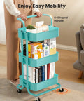 Three Tier Mesh Rolling Cart On Wheels With Handle Turquoise Finish in living room setting with books and plants