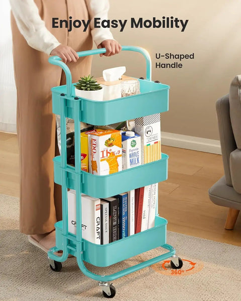Three Tier Mesh Rolling Cart On Wheels With Handle Turquoise Finish in living room setting with books and plants