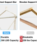 Comparison of Chill Indoor Outdoor Hammock Chair With Wooden Armrests, Steel Spreader Bar And Anti Slip Rings and wooden bar, showing durability.