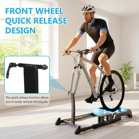 Cyclist using Detachable Indoor Bike Resistance Trainer With Quick Release Front Wheel No-Slip Balance Rack in home gym
