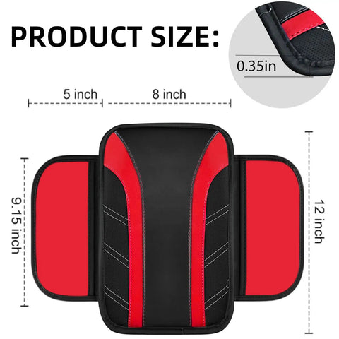 Fresh Red Six Piece Car Accessories Set Includes Universal 14.5 Inch Microfiber Leather Steering Wheel Cover Dope Smooth Grip Slick Seat Belt Pads Center Console Armrest Cover And Cup Coasters For Any Ride, showing size dimensions and design.