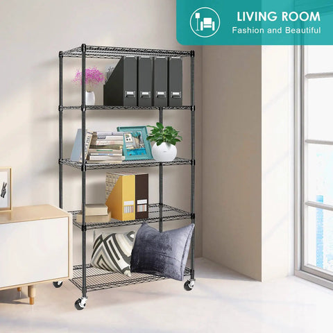 Total Workhorse Five Tier Black Wire Shelving Rack With Smooth Rollers Fully Adjustable NSF Certified Metal Storage Unit For Kitchen Pantry Garage Go Anywhere Rolling Caster Shelves Haul Three Hundred Thirty Pounds