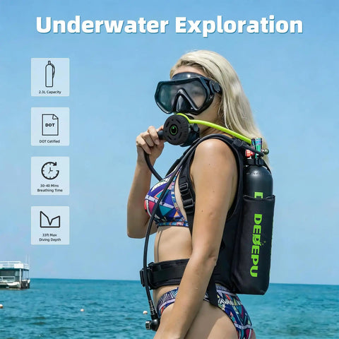 Woman wearing a diving vest with 2.3L Mini Scuba Tank With Adapter, Portable Backup Air Cylinder for 30 to 40 Minutes Underwater Breathing.