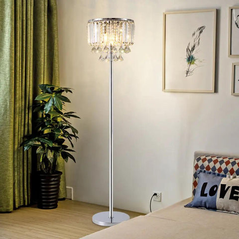 Cozy Elegant Modern Crystal Floor Lamp With Chrome Finish, 59 Inch Tall, Three Lights Lit Crystal Column Lamp For Living Room, Bedroom Or Office, Handpicked Crystal, High Light Transmittance, Easy Assembly