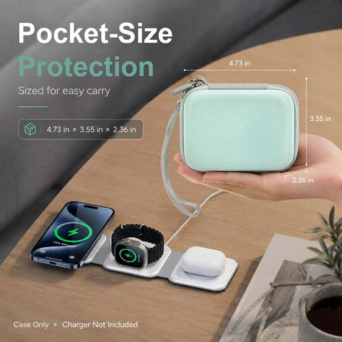 Hard Travel Case For Foldable 3 In 1 Wireless Charging Station Heavy Duty Protective Pouch on hand, 4.73x3.55x2.36 in, mint green.