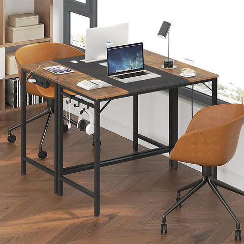 Rustic Brown And Black Computer Desk With Power Outlet Compact Thirty One Point Five Inch Wide Home Office Desk Featuring 3 Built In Hooks Sturdy And Easy To Assemble For Small Spaces
