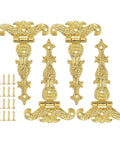Ornate brass-look hinges and screws for decorative cabinets or boxes, highlighting vintage hardware design.