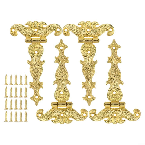 Ornate brass-look hinges and screws for decorative cabinets or boxes, highlighting vintage hardware design.