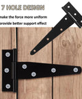 Heavy Duty T Shaped Hinges Pack Of 3 12 Inch Black Metal Foldable Gate Hardware For Garden Shed And Barn Doors, 7 hole design shown.