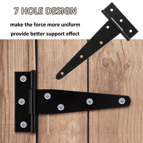 Heavy Duty T Shaped Hinges Pack Of 3 12 Inch Black Metal Foldable Gate Hardware For Garden Shed And Barn Doors, 7 hole design shown.