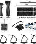 Boss Level Cable Management Kit showing 100 zip ties, 25 mounts, adhesive clips for neat cord control