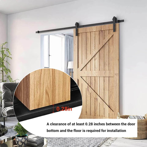 Sliding Barn Door Floor Guide With Adjustable Roller Wall Mount Eight Assembly Options Flush Bottom Design Black Finish Built Tough Carbon Steel Track And Nylon Roller System For Quiet Smooth Everyday Use shown installed with wooden barn door.