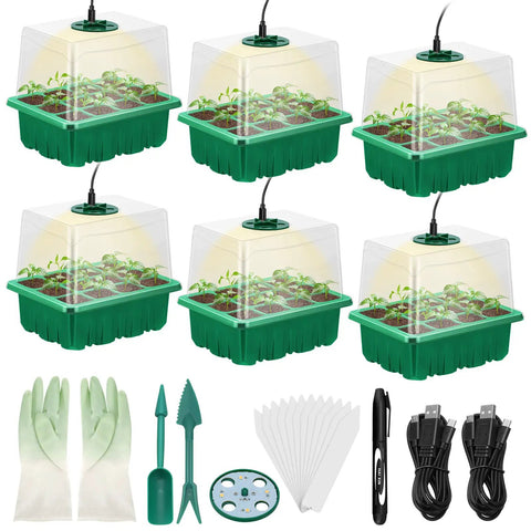 Seed Starter Tray Kit With Grow Lights And Humidity Domes, 6 Packs Indoor Greenhouse Seedling Trays with accessories displayed