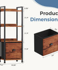 4 Tier Bookshelf With Fabric Drawer And Industrial Wood And Metal Storage Shelf Space Saver For Small Rooms In Brown dimensions