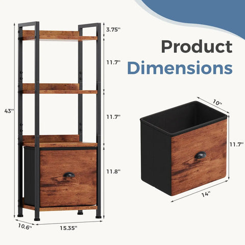 4 Tier Bookshelf With Fabric Drawer And Industrial Wood And Metal Storage Shelf Space Saver For Small Rooms In Brown dimensions