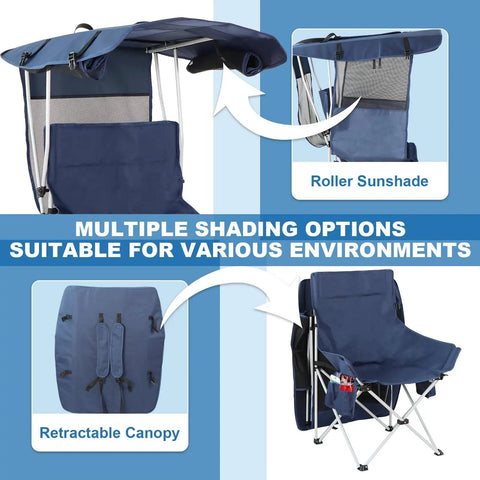 Portable Canopy Folding Camping Chair with 360 Degree Sun Shade and Back Flap, showcasing roller sunshade and retractable canopy.