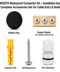 BOZZYS Waterproof Connector Kit with rubber plug, copper busbar, expansion tube, screw, and PG7 cable gland for cable sealing.
