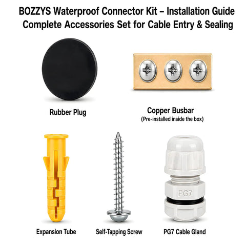 BOZZYS Waterproof Connector Kit with rubber plug, copper busbar, expansion tube, screw, and PG7 cable gland for cable sealing.