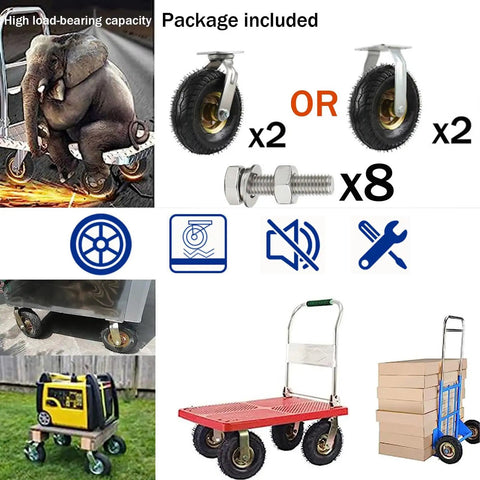 Heavy Duty Swivel Casters With Thick Rubber Wheels And Precision Ball Bearings Rock Solid Silent Glide Design showcased with carts and accessories.