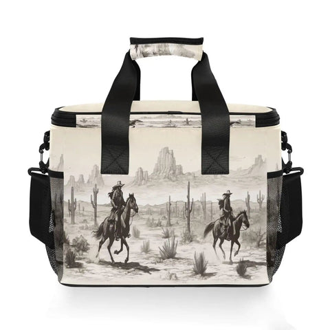 Desert Cowboy Style Go To Insulated Lunch Bag with Shoulder Strap 15L featuring cowboy scene, tear and water-resistant