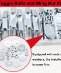 Heavy Duty Quarter Inch Toggle Bolt Kit for Drywall with screws, wing nuts, washers in a segmented organizer box