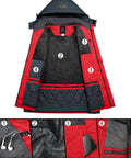Men's Mountain Waterproof Ski Snow Jacket Insulated Windproof Rain Shell Built For Skiing Snowboarding Hiking Mountaineering Camping And Outdoor Adventures In Oriental Red showing interior fleece lining and pockets.