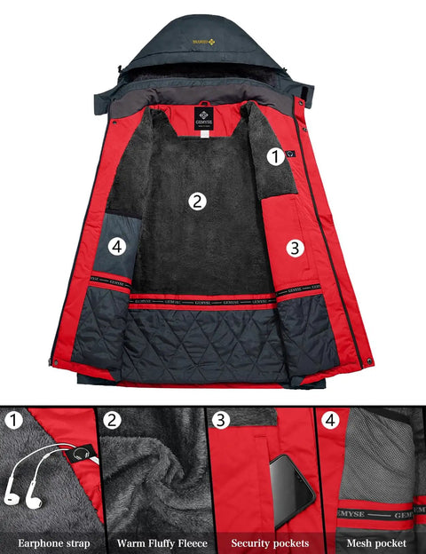 Men's Mountain Waterproof Ski Snow Jacket Insulated Windproof Rain Shell Built For Skiing Snowboarding Hiking Mountaineering Camping And Outdoor Adventures In Oriental Red showing interior fleece lining and pockets.