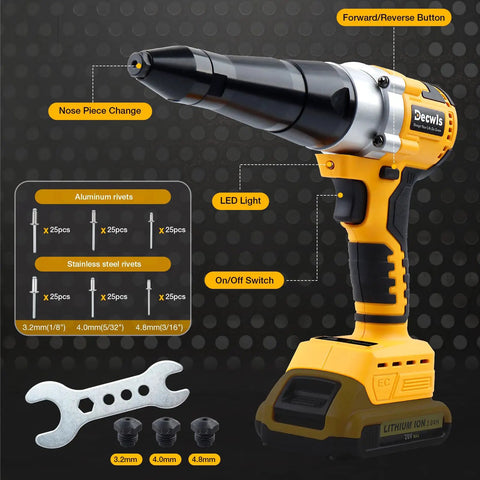 Cordless Pro Grade Rivet Gun For 20V Max Batteries Brushless Pop Rivet Tool Kit with LED light and ergonomic handle