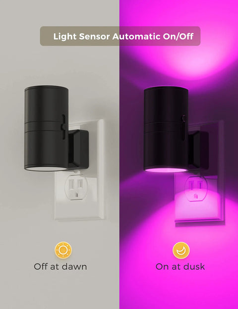 LED Night Light Plug In Wall Color Changing RGB With Dusk To Dawn Sensor, showing automatic on/off, black frame, pack of 2.