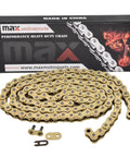 Beefed Up Drive Chain And Sprocket Kit For Honda CRF50F 2004 Through 2026, gold 420x78 chain with master link and packaging.