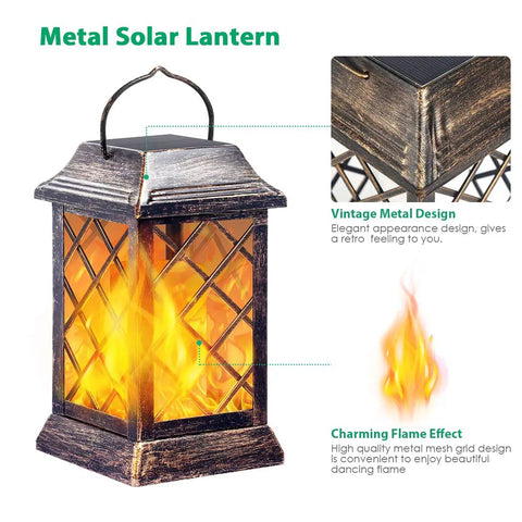 Bronze Solar Lanterns Outdoor Flickering Flame Metal Lanterns 2 Pack Waterproof Hanging Lights for Patio Garden Deck Yard Decor with Rustproof Finish and Durable Heavy Duty Build, showing vintage metal design and flame effect.