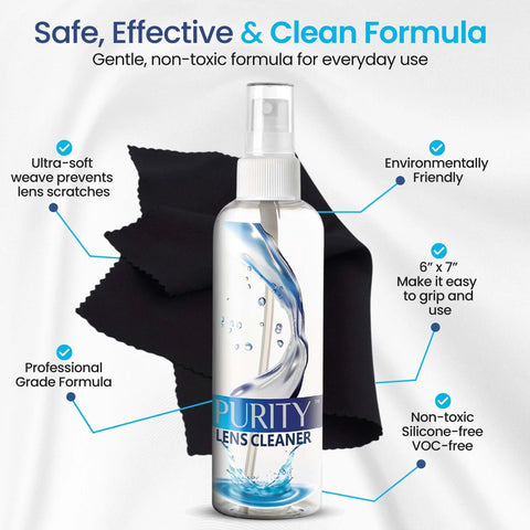 Eyeglass Lens Cleaner Kit With 2x8oz Bottles And 1x2oz Bottle Microfiber Cloths, showing bottle and microfiber cloth with features