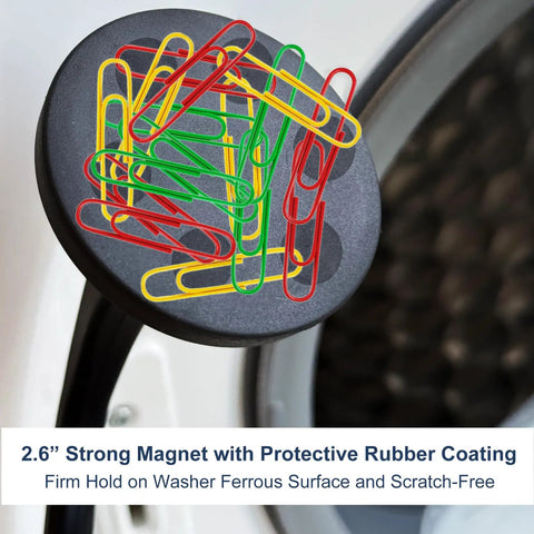 Magnetic Front Load Washer Door Prop with paperclips on strong magnet and flexible hose for better ventilation and airflow.